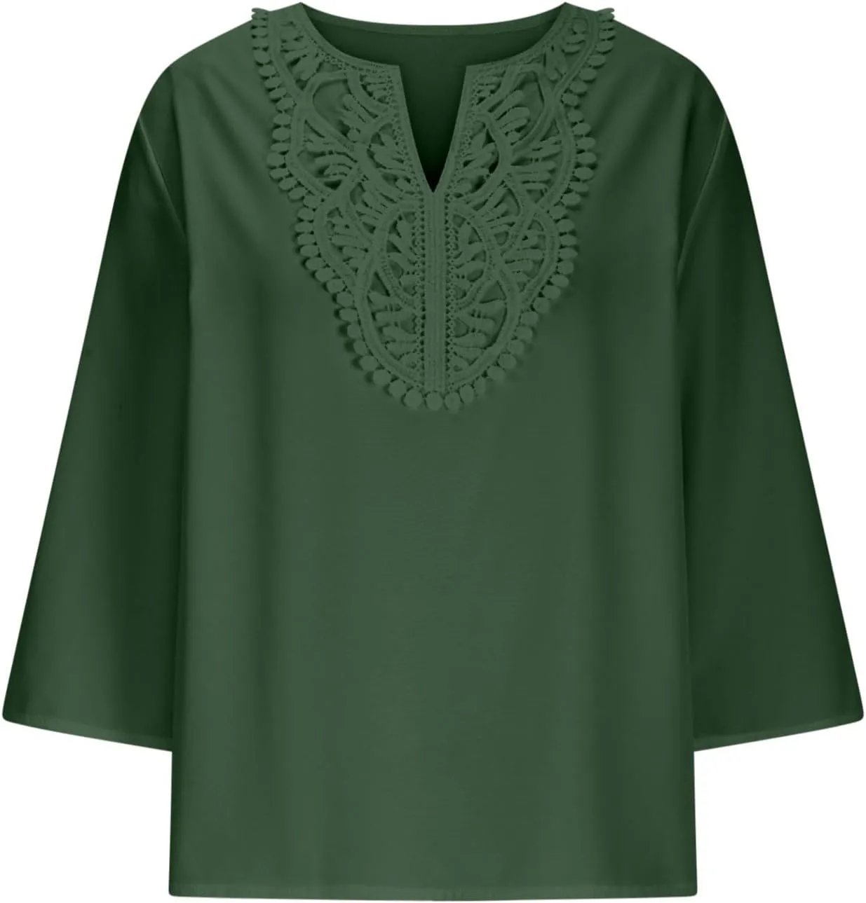 Women's Linen Shirts Dressy 3/4 Sleeve V Neck Cotton Blouses Casual Loose Lace Tunic Tops Summer Vacation Outfits