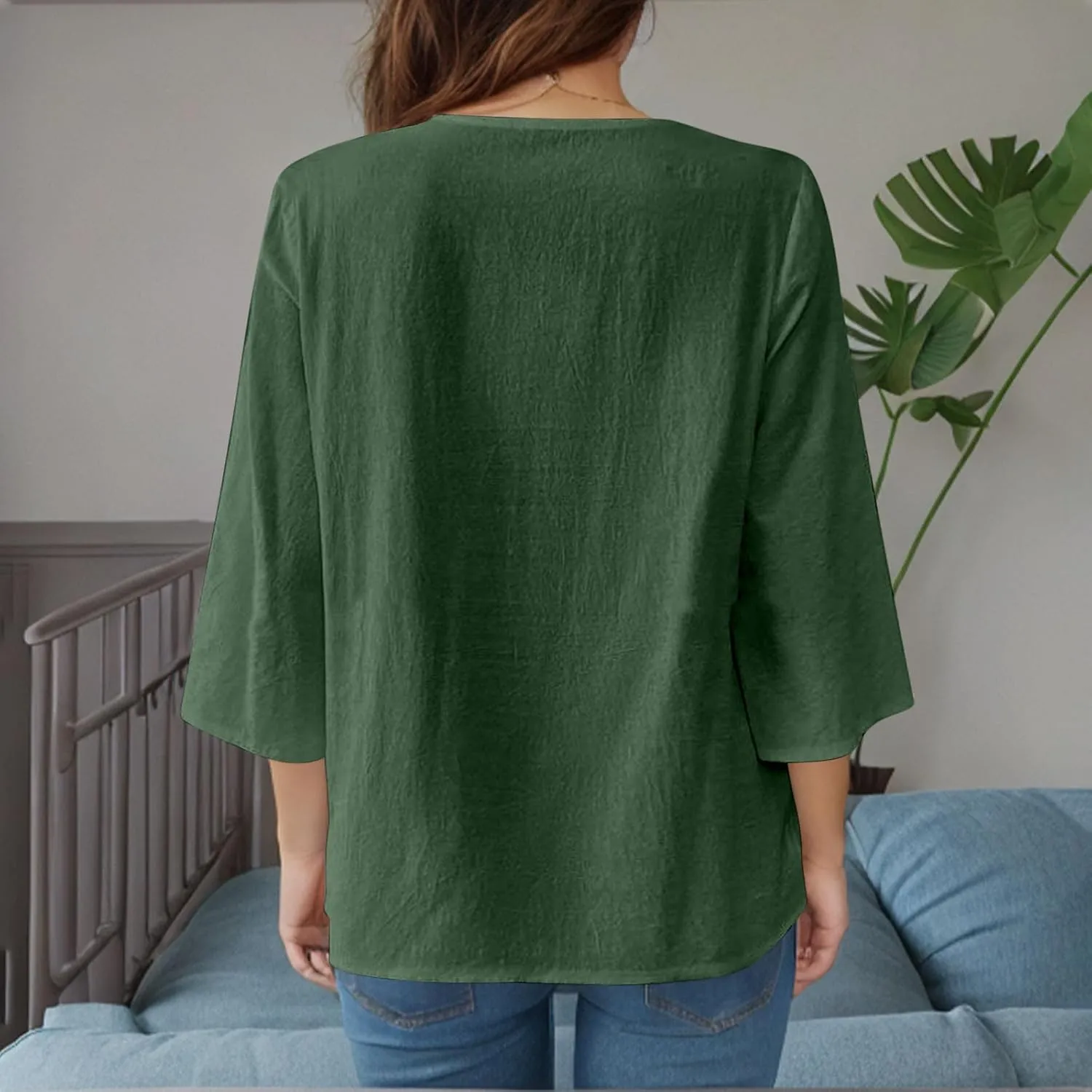 Women's Linen Shirts Dressy 3/4 Sleeve V Neck Cotton Blouses Casual Loose Lace Tunic Tops Summer Vacation Outfits