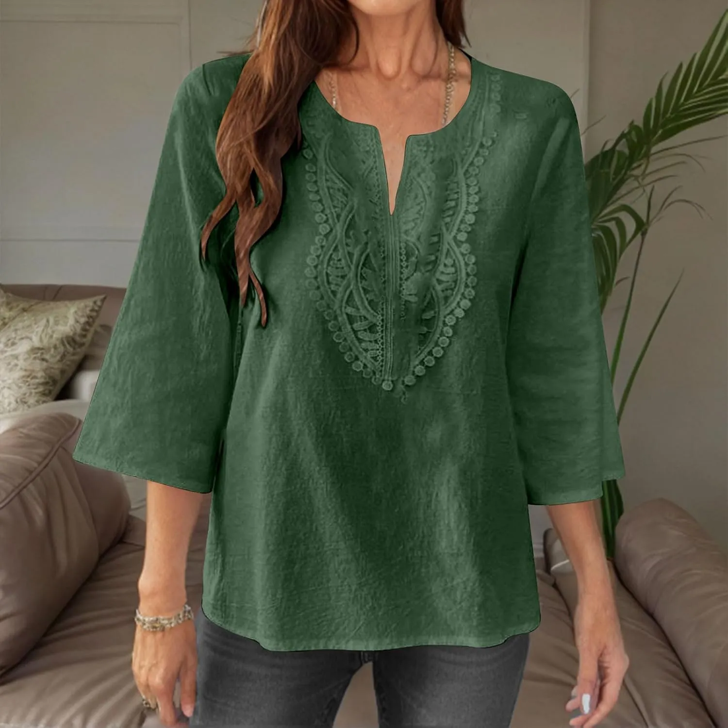 Women's Linen Shirts Dressy 3/4 Sleeve V Neck Cotton Blouses Casual Loose Lace Tunic Tops Summer Vacation Outfits