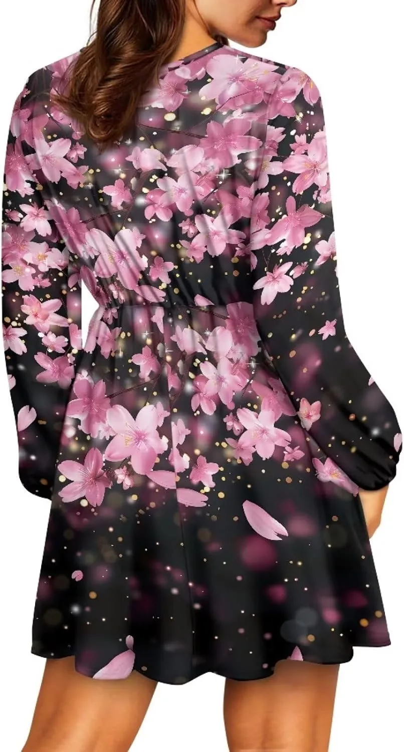 Womens Long Sleeve Mini Dress Deep V Neck Ruffle Flowy Dress Casual Skater Dress