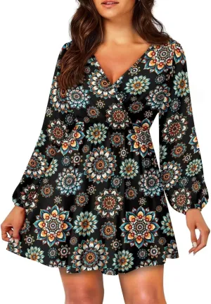 Womens Long Sleeve Mini Dress Deep V Neck Ruffle Flowy Dress Casual Skater Dress