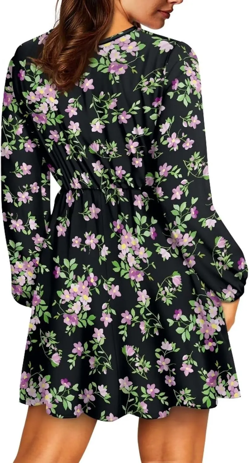 Womens Long Sleeve Mini Dress Deep V Neck Ruffle Flowy Dress Casual Skater Dress
