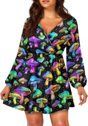 Womens Long Sleeve Mini Dress Deep V Neck Ruffle Flowy Dress Casual Skater Dress
