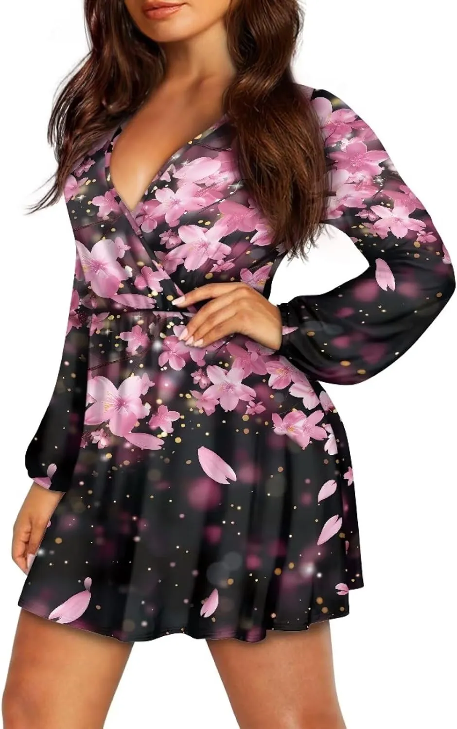 Womens Long Sleeve Mini Dress Deep V Neck Ruffle Flowy Dress Casual Skater Dress