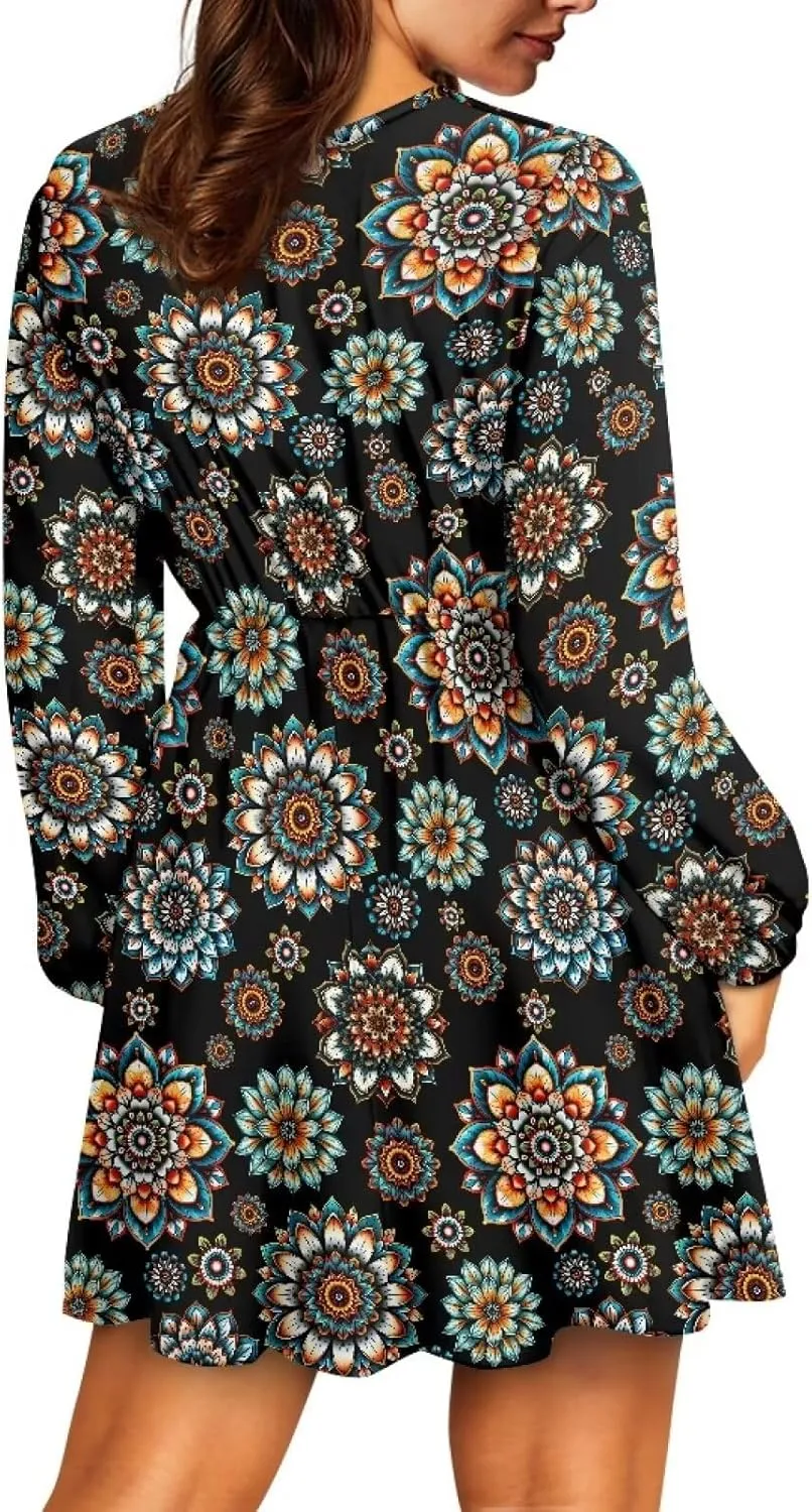 Womens Long Sleeve Mini Dress Deep V Neck Ruffle Flowy Dress Casual Skater Dress