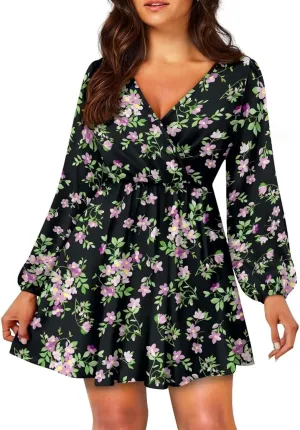 Womens Long Sleeve Mini Dress Deep V Neck Ruffle Flowy Dress Casual Skater Dress