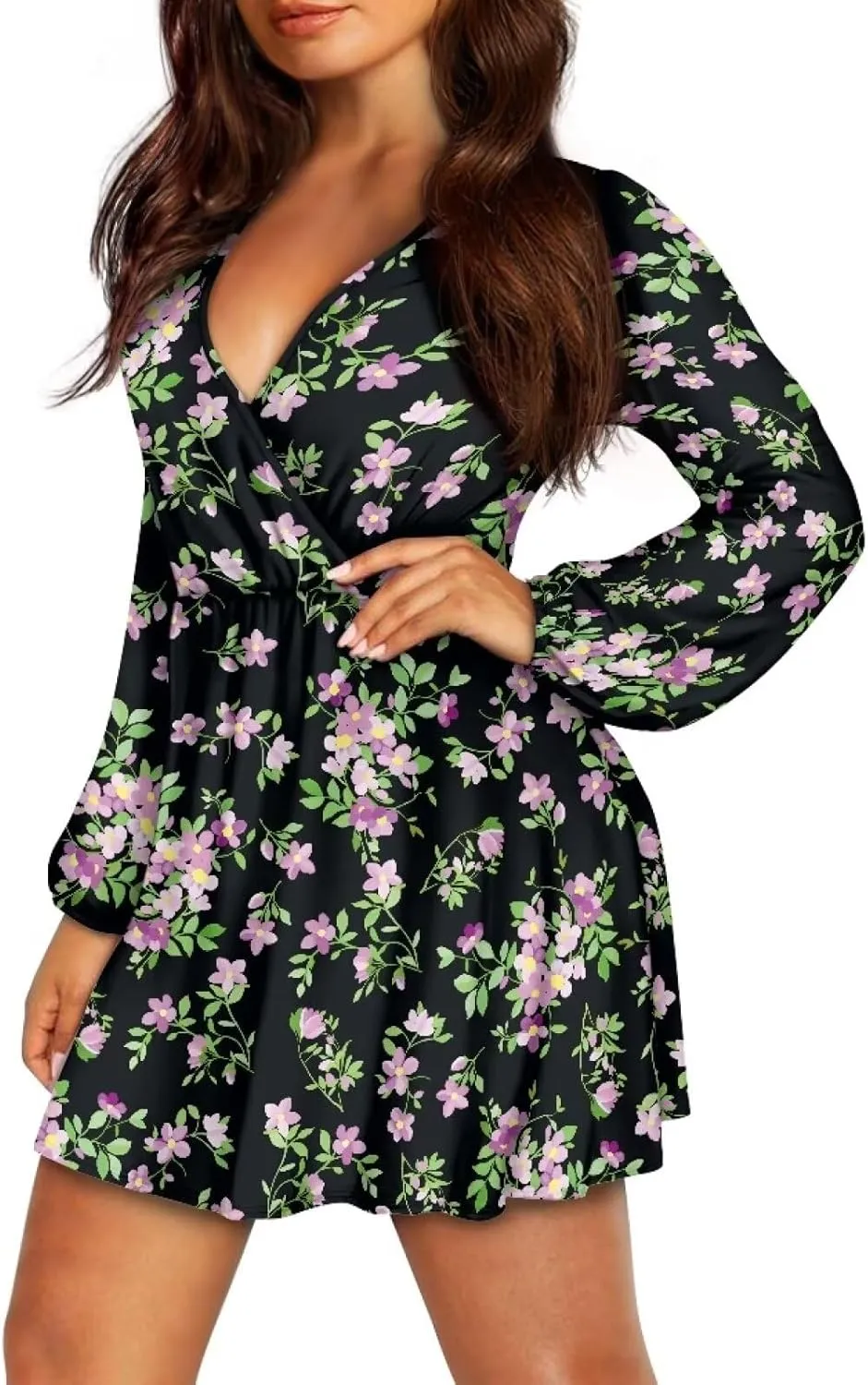 Womens Long Sleeve Mini Dress Deep V Neck Ruffle Flowy Dress Casual Skater Dress