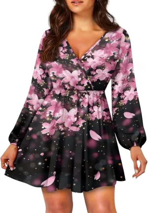 Womens Long Sleeve Mini Dress Deep V Neck Ruffle Flowy Dress Casual Skater Dress