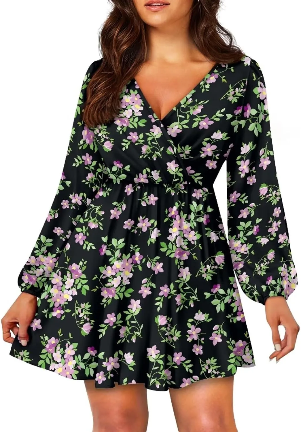 Womens Long Sleeve Mini Dress Deep V Neck Ruffle Flowy Dress Casual Skater Dress