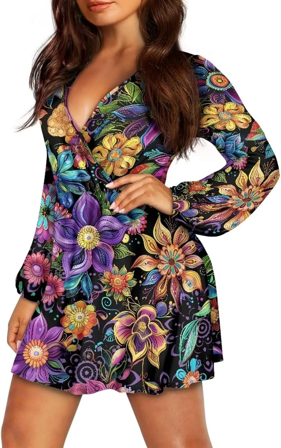 Womens Long Sleeve Mini Dress Deep V Neck Ruffle Flowy Dress Casual Skater Dress