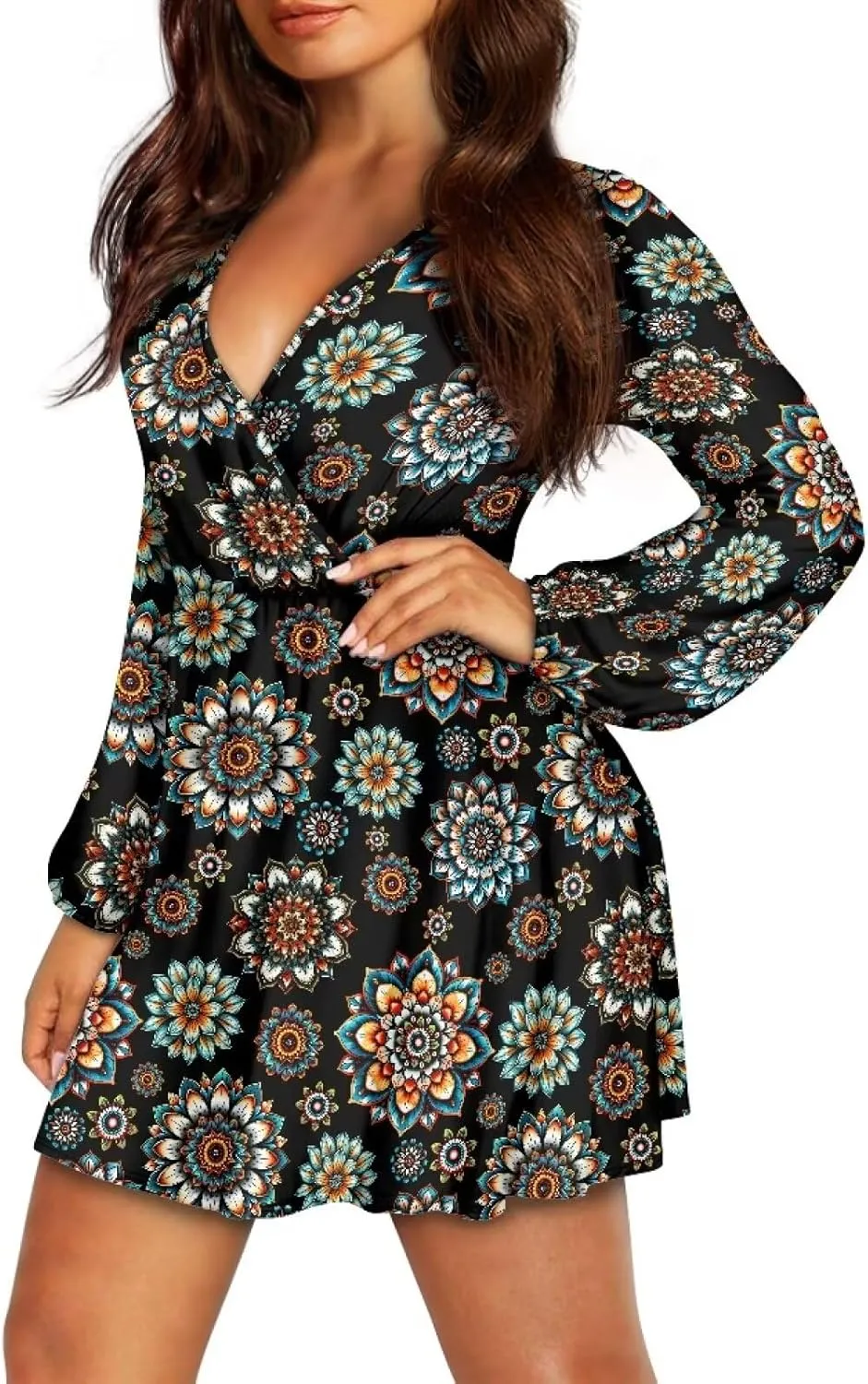 Womens Long Sleeve Mini Dress Deep V Neck Ruffle Flowy Dress Casual Skater Dress