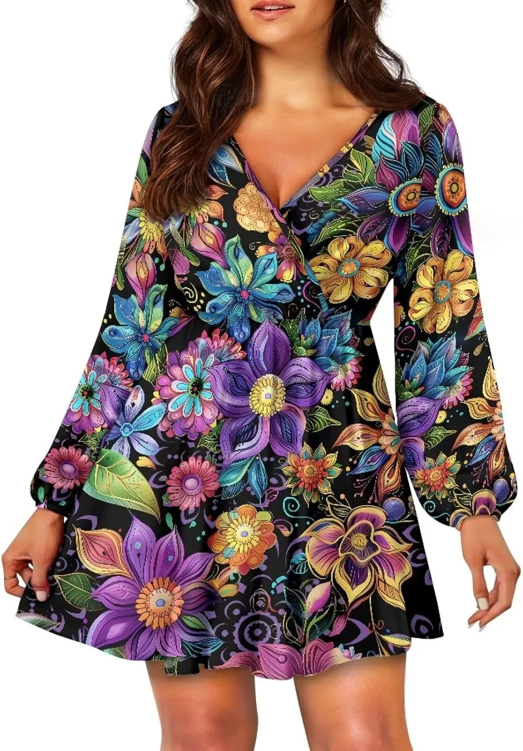 Womens Long Sleeve Mini Dress Deep V Neck Ruffle Flowy Dress Casual Skater Dress