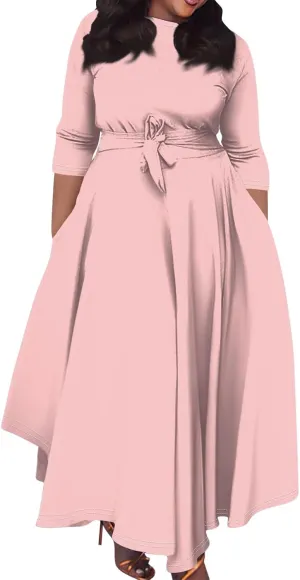 Women's Long Summer Dresses 2025 Plus Size Solid Color Crew Neck 3/4 Sleeve Smocked Straps Maxi Dresses, XL-5XL