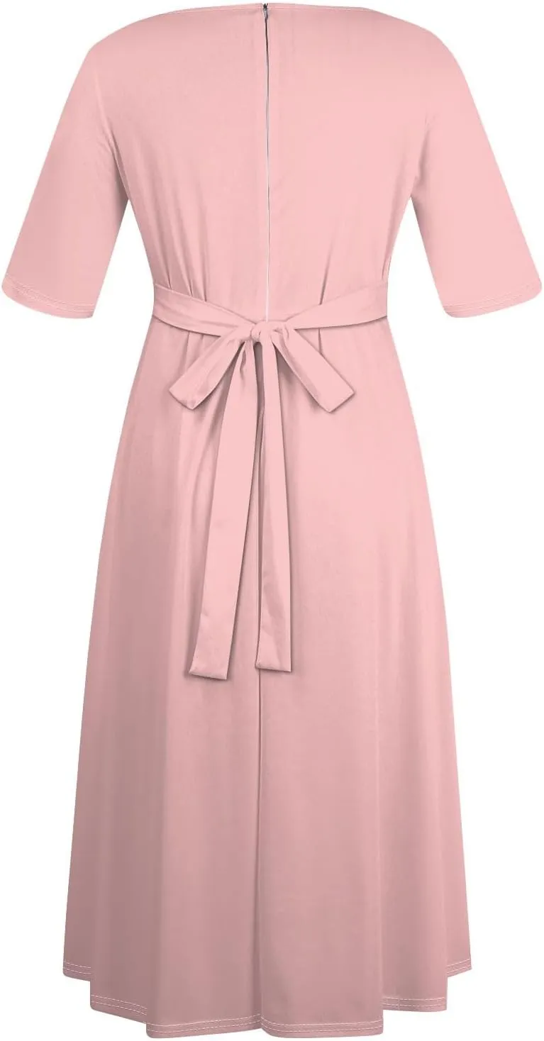 Women's Long Summer Dresses 2025 Plus Size Solid Color Crew Neck 3/4 Sleeve Smocked Straps Maxi Dresses, XL-5XL