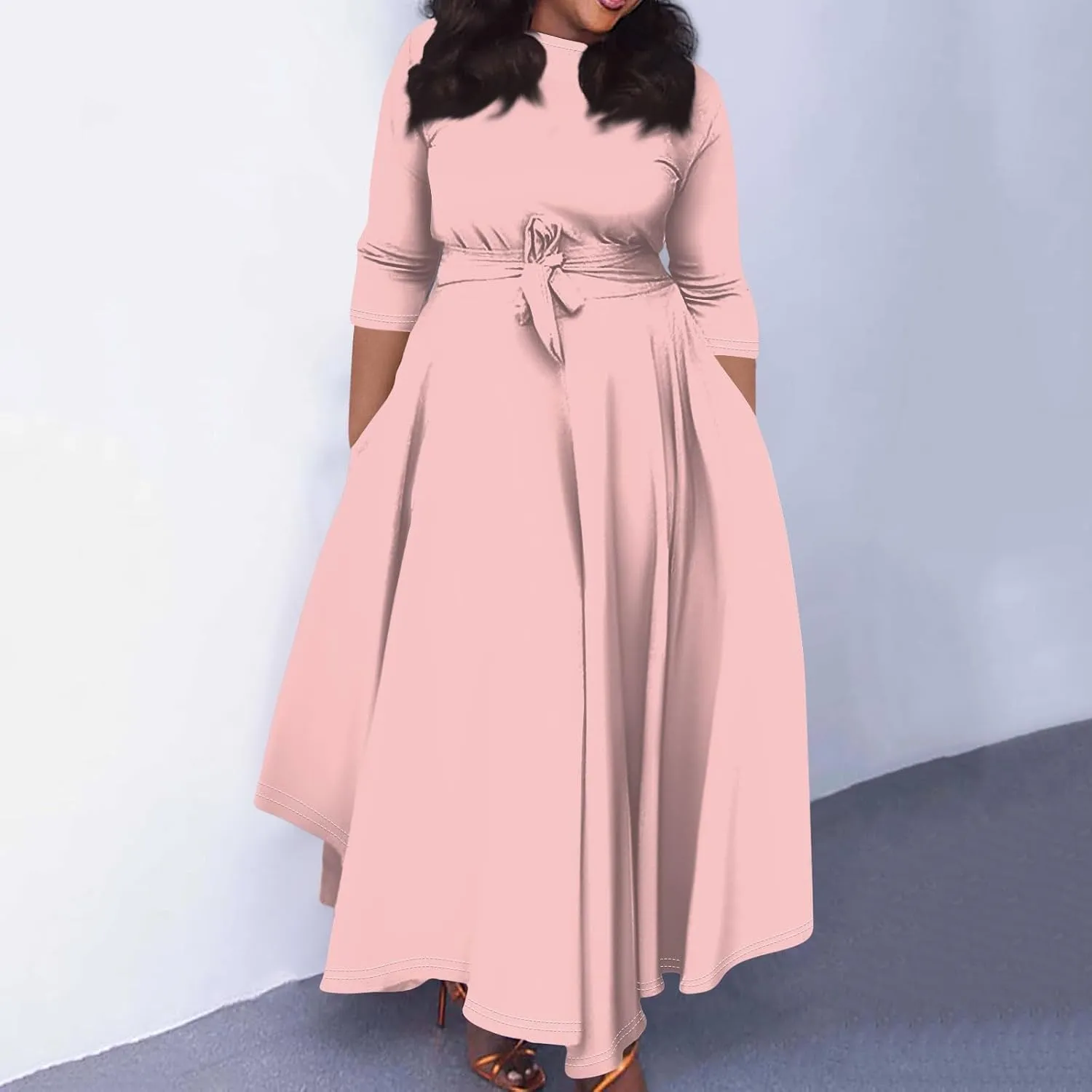 Women's Long Summer Dresses 2025 Plus Size Solid Color Crew Neck 3/4 Sleeve Smocked Straps Maxi Dresses, XL-5XL