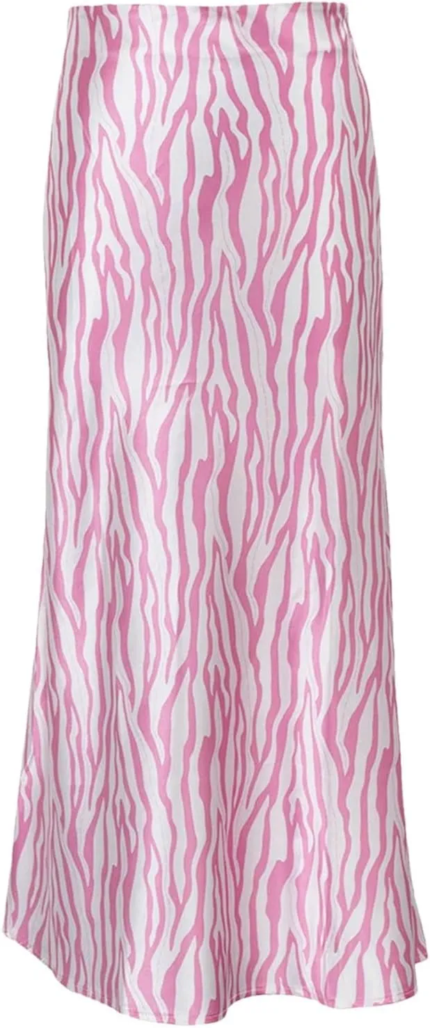 Women's Midi Skirts Elegant Contrast Printed High Waist Irregular Stripes Zipper Skirt