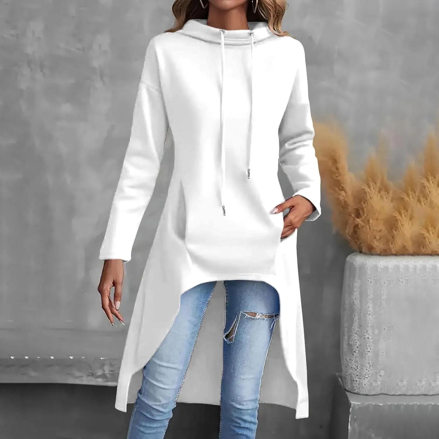 Women's Novelty Cowl Neck Sweatshirts Flowy Asymmetrical Hem Solid Hoodies Preppy Thumb Hole Oversized Pullover