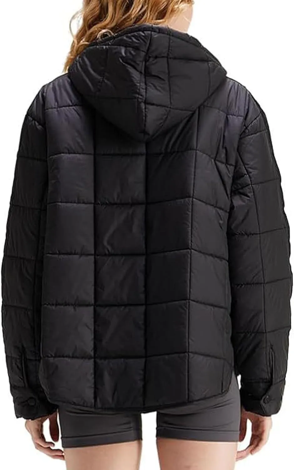 Women's Oversized Pullover Puffer Jacket Lightweight Quilted Hooded Jacket Long Sleeve Half Zip Up Coat with Pockets