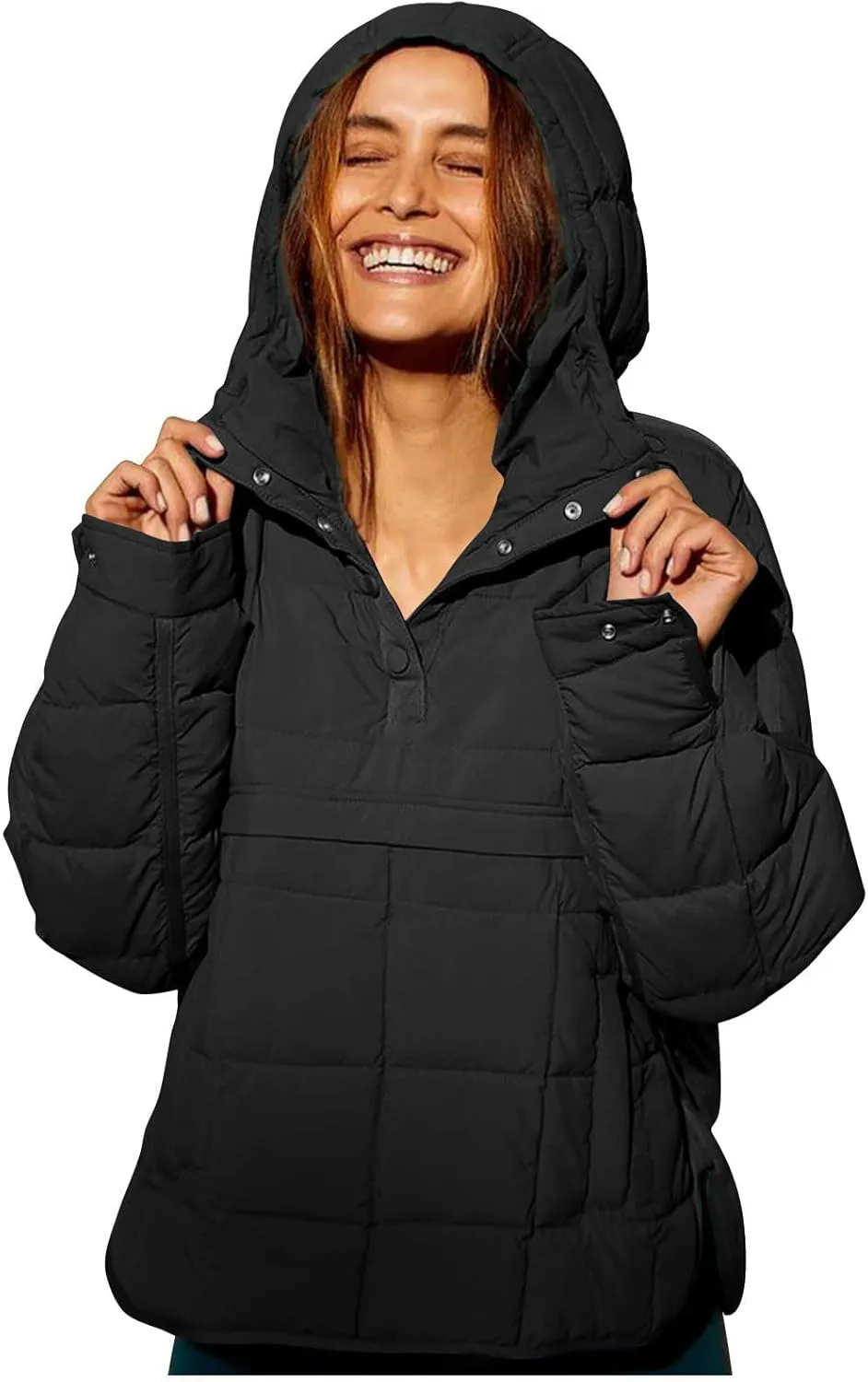 Women's Oversized Pullover Puffer Jacket Lightweight Quilted Hooded Jacket Long Sleeve Half Zip Up Coat with Pockets