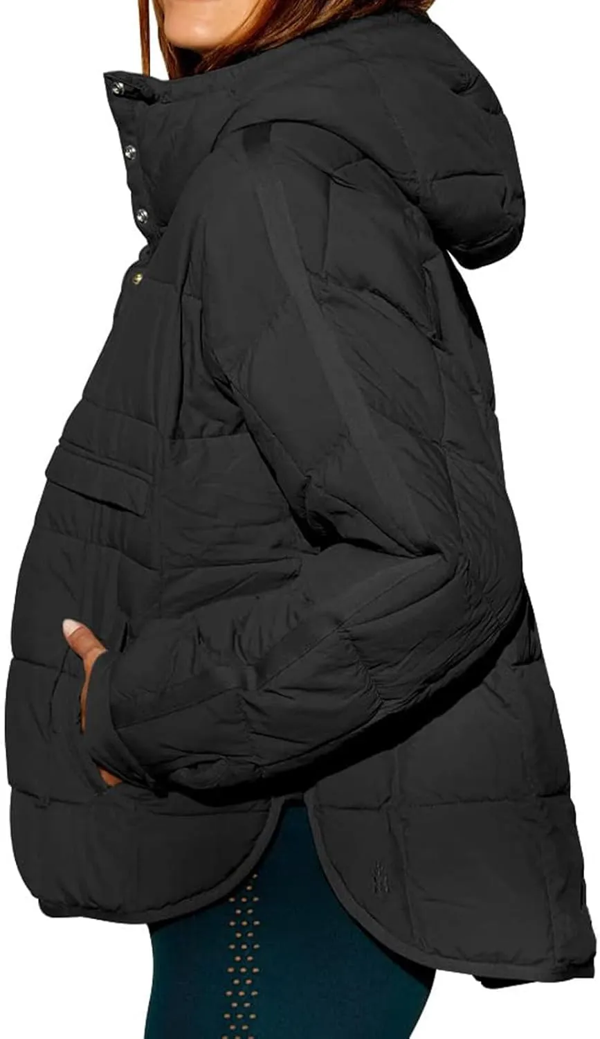 Women's Oversized Pullover Puffer Jacket Lightweight Quilted Hooded Jacket Long Sleeve Half Zip Up Coat with Pockets