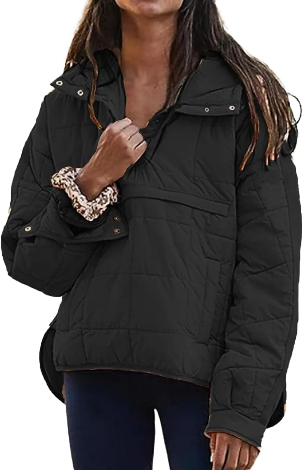 Women's Oversized Pullover Puffer Jacket Lightweight Quilted Hooded Jacket Long Sleeve Half Zip Up Coat with Pockets