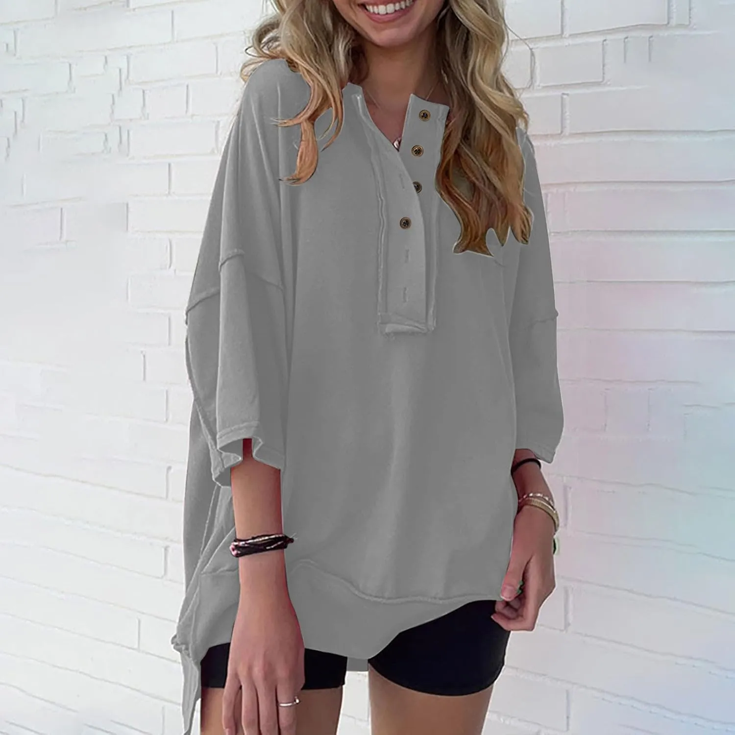 Womens Oversized Sweatshirts 3/4 Length Sleeve Crewneck Pullover Top Drop Shoulder Tees Casual High Low Tunic Tops