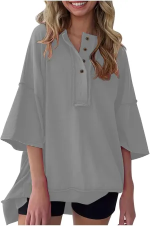 Womens Oversized Sweatshirts 3/4 Length Sleeve Crewneck Pullover Top Drop Shoulder Tees Casual High Low Tunic Tops