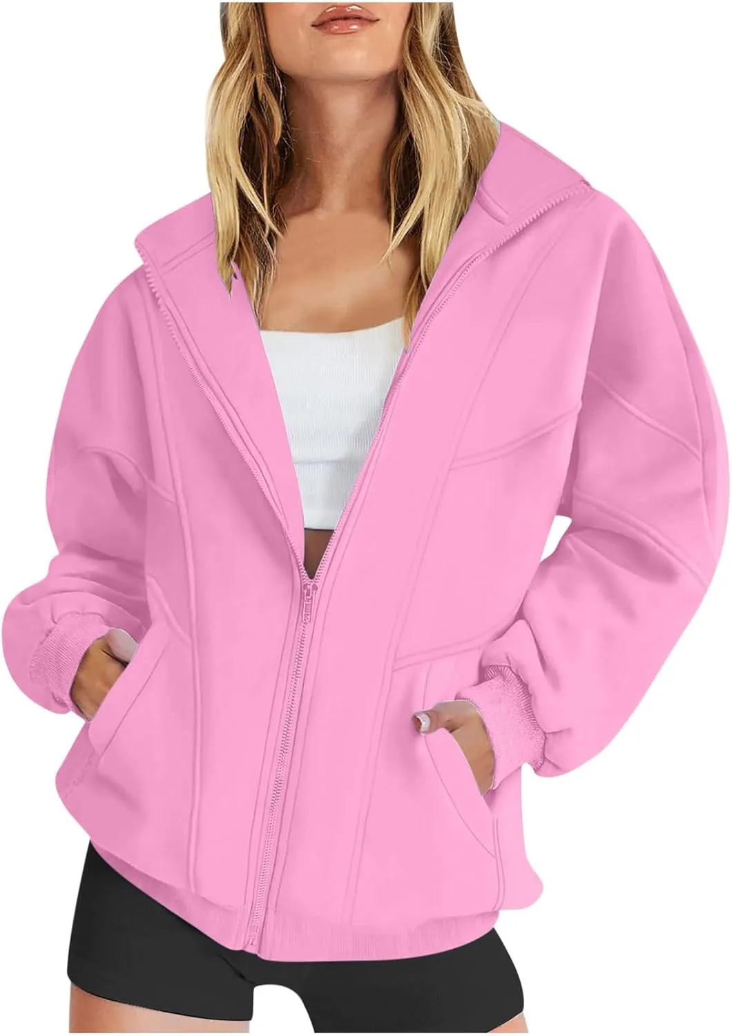 Womens Oversized Sweatshirts Jacket Zip Up Long Sleeve Fleece Y2K Jacket Pockets 2024 Fall Outfits Fashion Clothes