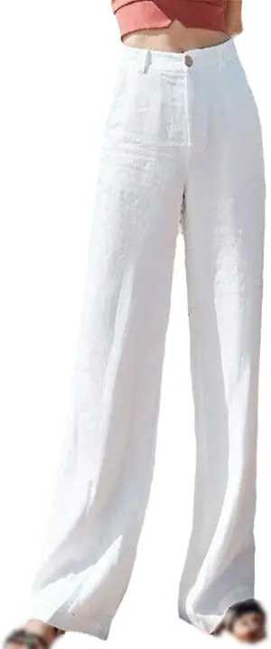 Women's Pants Summer Cotton Linen Wide Leg Pants Full Length Casual Solid White Loose High Waist Straight Trousers Women