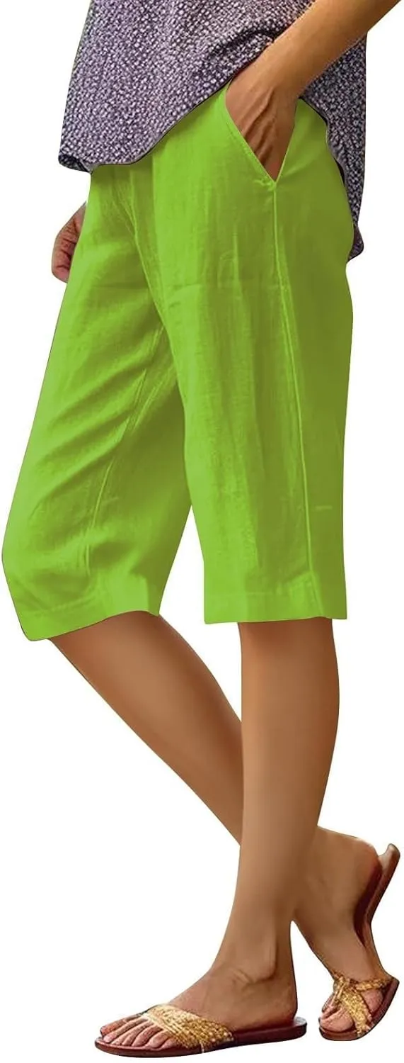 Women's Pedal Pushers Linen Bermuda Shorts Wide Leg Cropped Pants Casual Palazzo Pant with Pockets