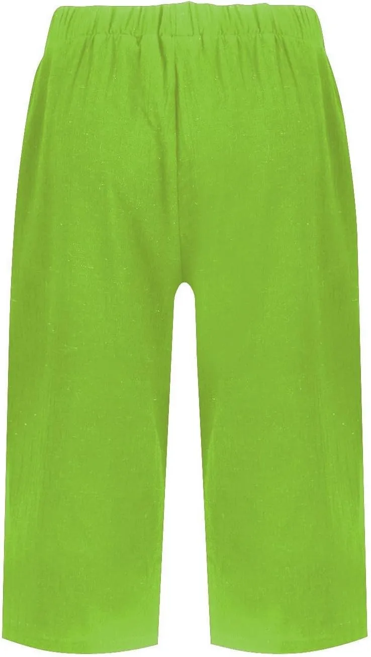 Women's Pedal Pushers Linen Bermuda Shorts Wide Leg Cropped Pants Casual Palazzo Pant with Pockets