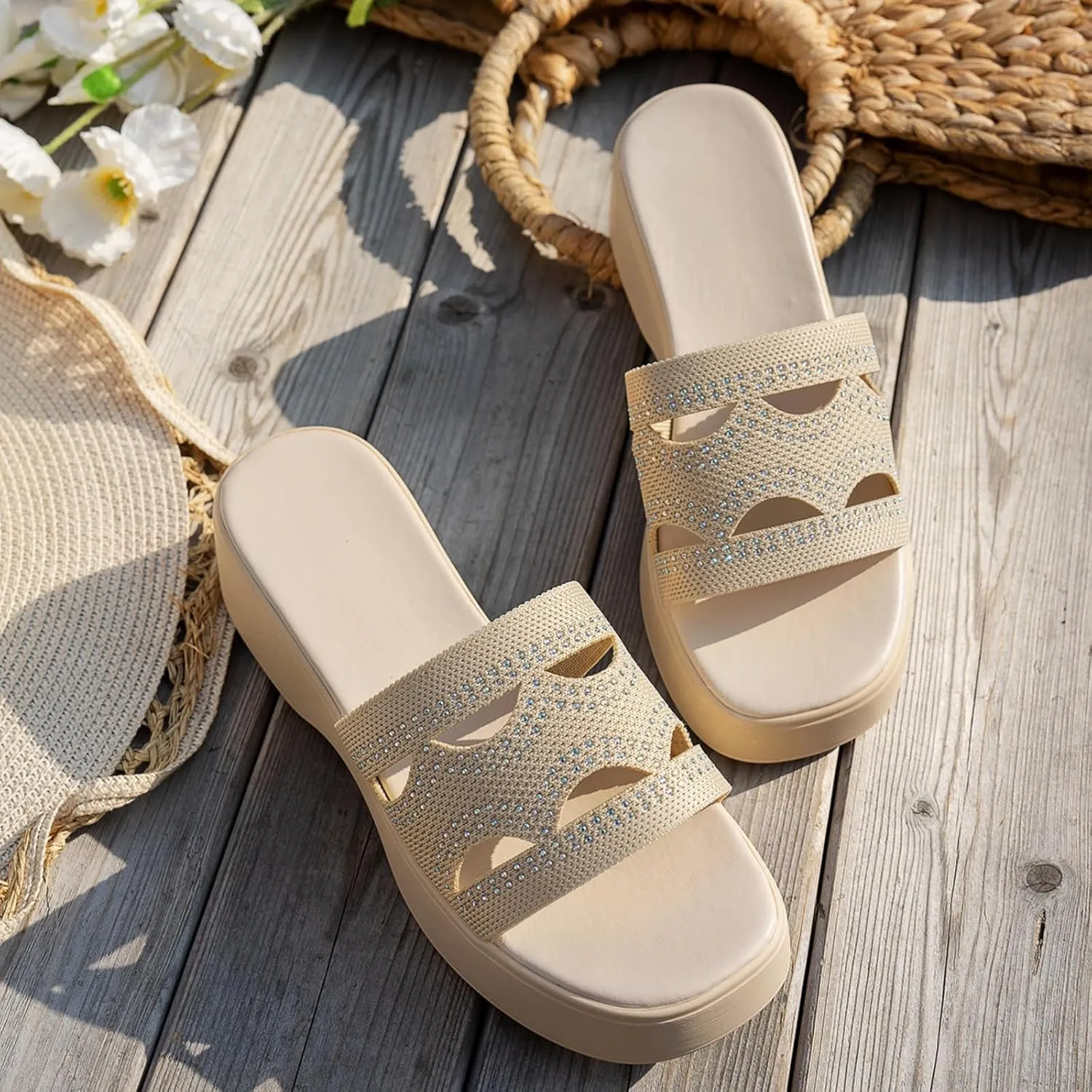 Womens Platform Slides Sandals Summer Dressy Rhinestones Wedge Sandals Comfortable Open Toe Slippers Casual Slip on Beach Outdoor Shoes