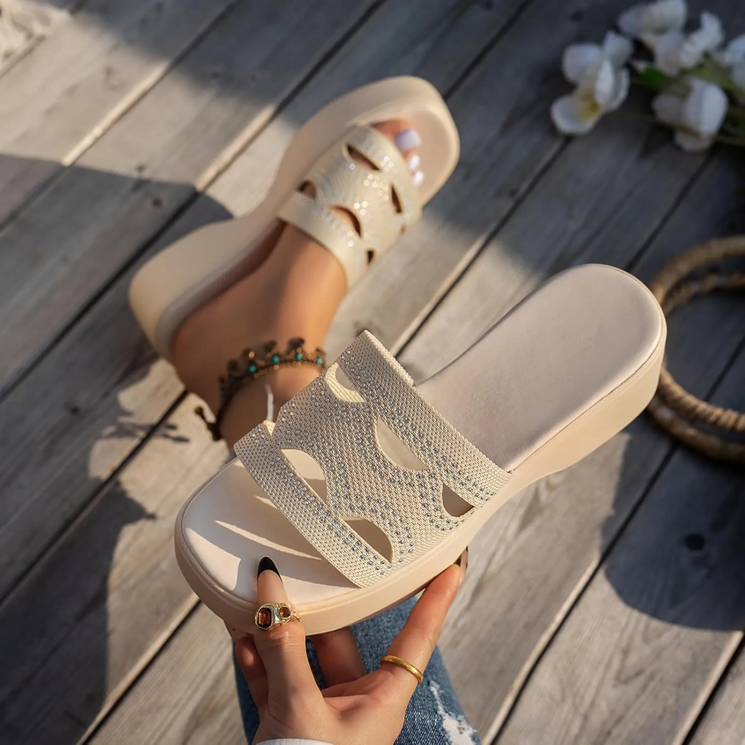 Womens Platform Slides Sandals Summer Dressy Rhinestones Wedge Sandals Comfortable Open Toe Slippers Casual Slip on Beach Outdoor Shoes