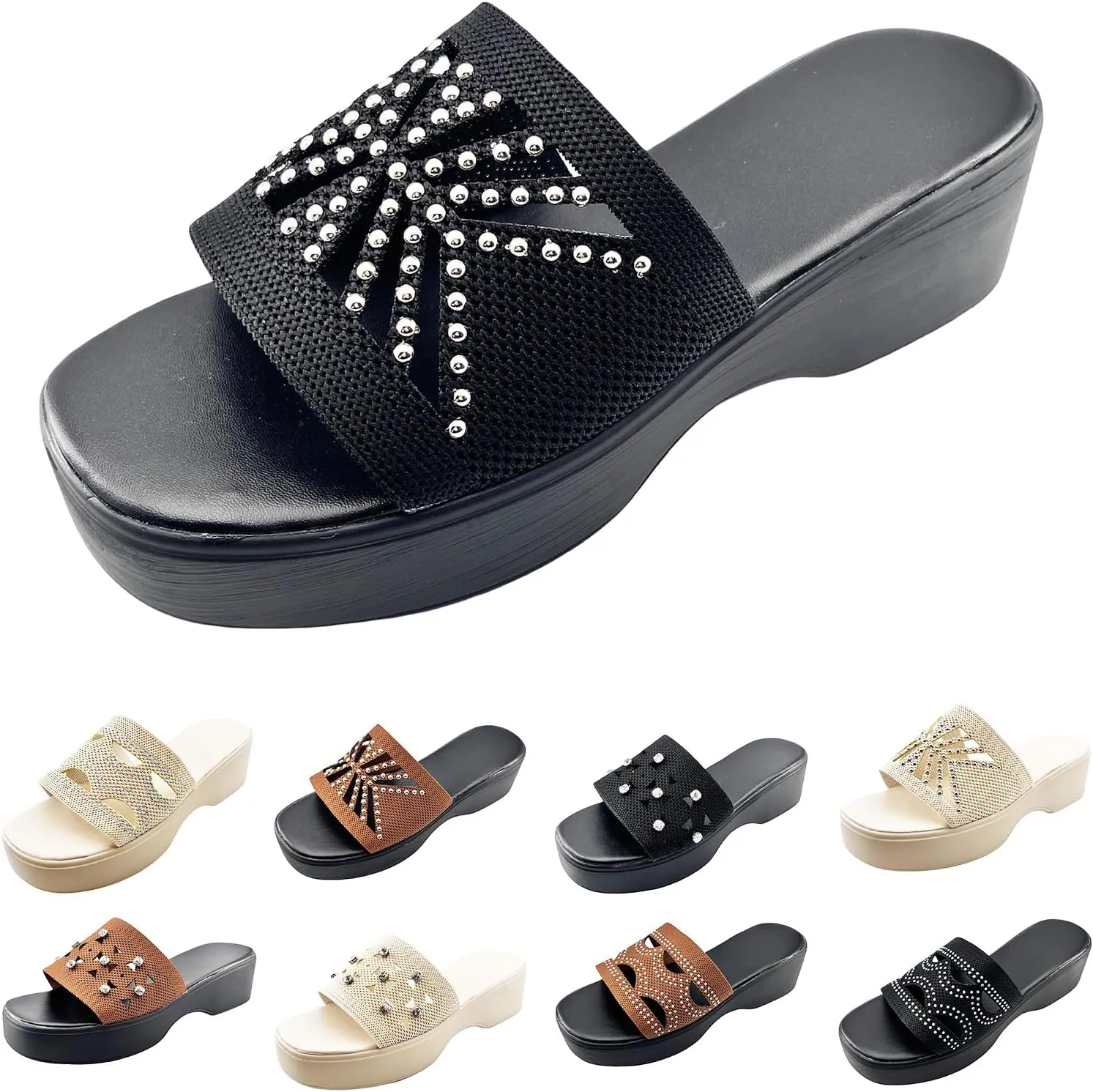 Womens Platform Slides Sandals Summer Dressy Rhinestones Wedge Sandals Comfortable Open Toe Slippers Casual Slip on Beach Outdoor Shoes