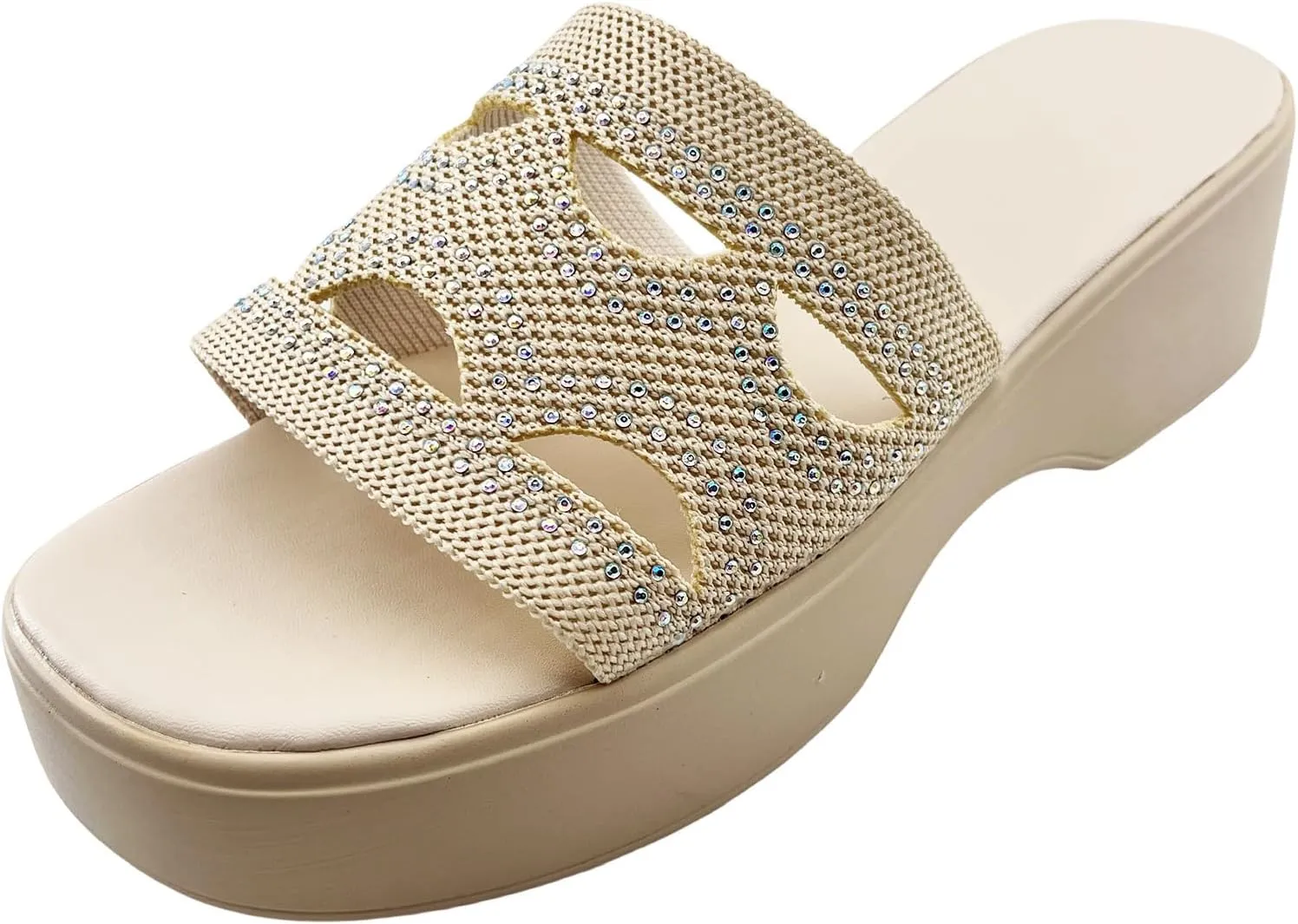 Womens Platform Slides Sandals Summer Dressy Rhinestones Wedge Sandals Comfortable Open Toe Slippers Casual Slip on Beach Outdoor Shoes