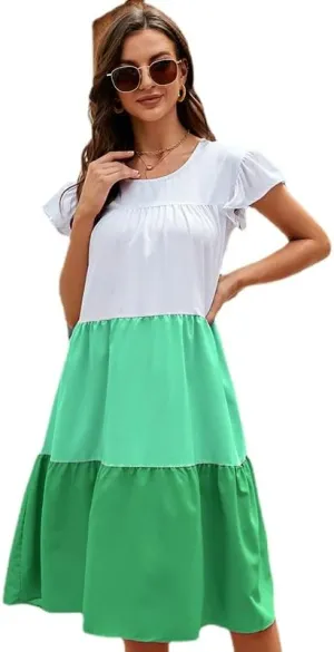 Women's Plus Size Ruffle Short Sleeve Loose Dress Casual Swing Round Neck Color Blocked Midi Dress