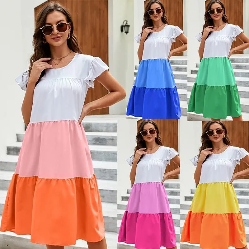 Women's Plus Size Ruffle Short Sleeve Loose Dress Casual Swing Round Neck Color Blocked Midi Dress