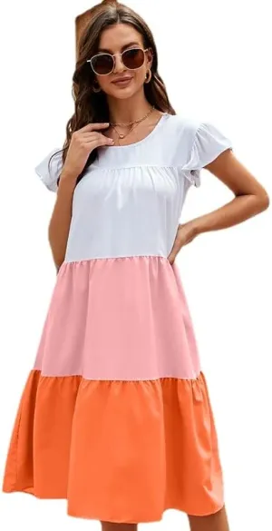 Women's Plus Size Ruffle Short Sleeve Loose Dress Casual Swing Round Neck Color Blocked Midi Dress