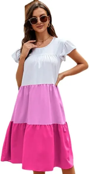 Women's Plus Size Ruffle Short Sleeve Loose Dress Casual Swing Round Neck Color Blocked Midi Dress