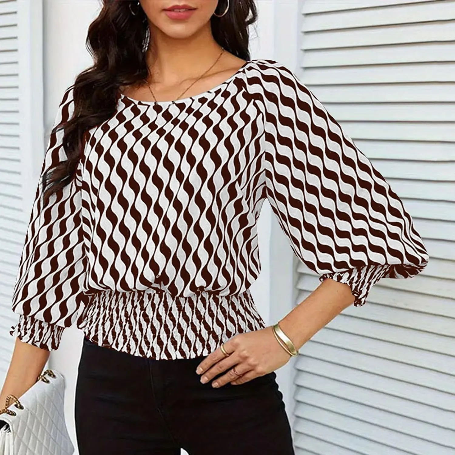 Womens Puff Sleeve Shirts Trendy 3/4 Sleeve Shirts Loose Fit Work Blouses Dressy Casual Elastic Waist Babydoll Tops