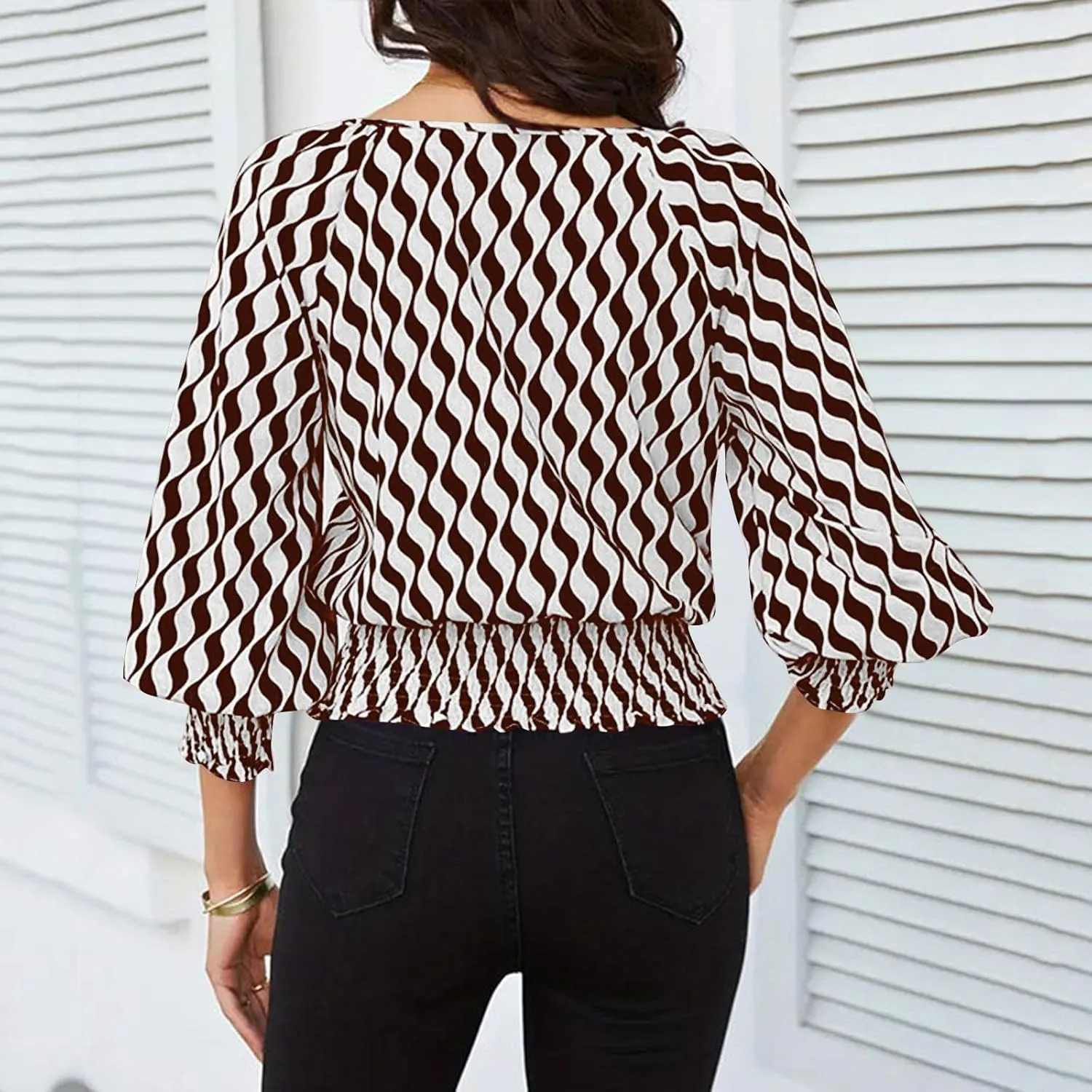 Womens Puff Sleeve Shirts Trendy 3/4 Sleeve Shirts Loose Fit Work Blouses Dressy Casual Elastic Waist Babydoll Tops