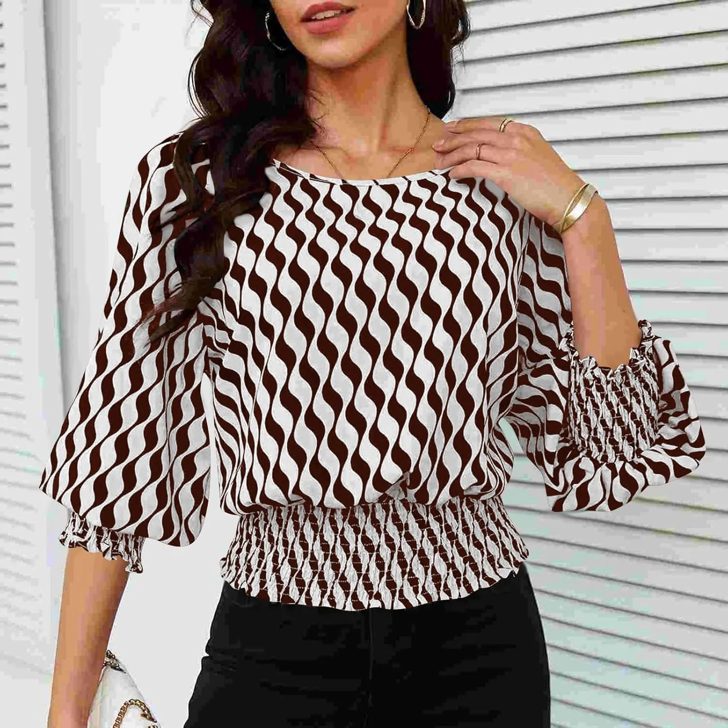 Womens Puff Sleeve Shirts Trendy 3/4 Sleeve Shirts Loose Fit Work Blouses Dressy Casual Elastic Waist Babydoll Tops