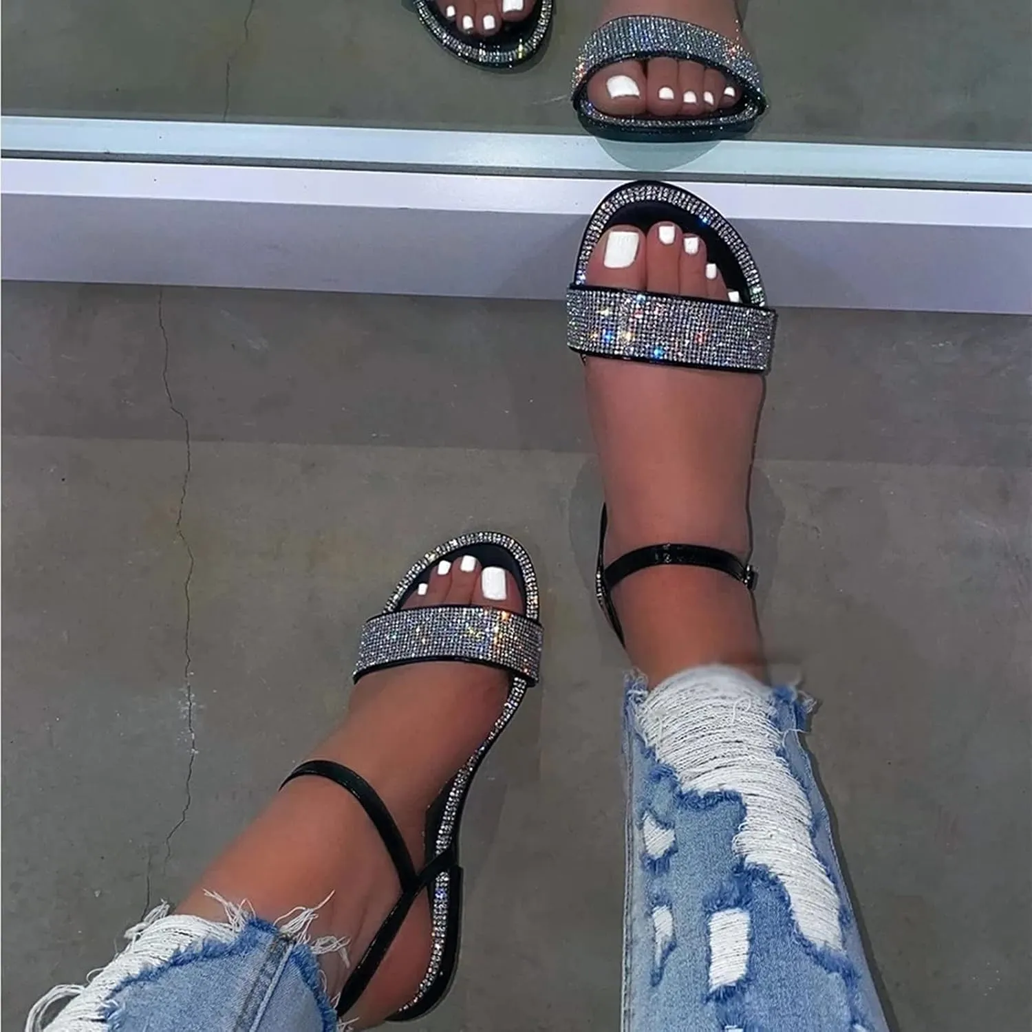 Women's Sandals Casual Double Strap Slide Sandals Rhinestone Crystals Mules Sandal Open Toe Sparkles Slides Flat Shoes
