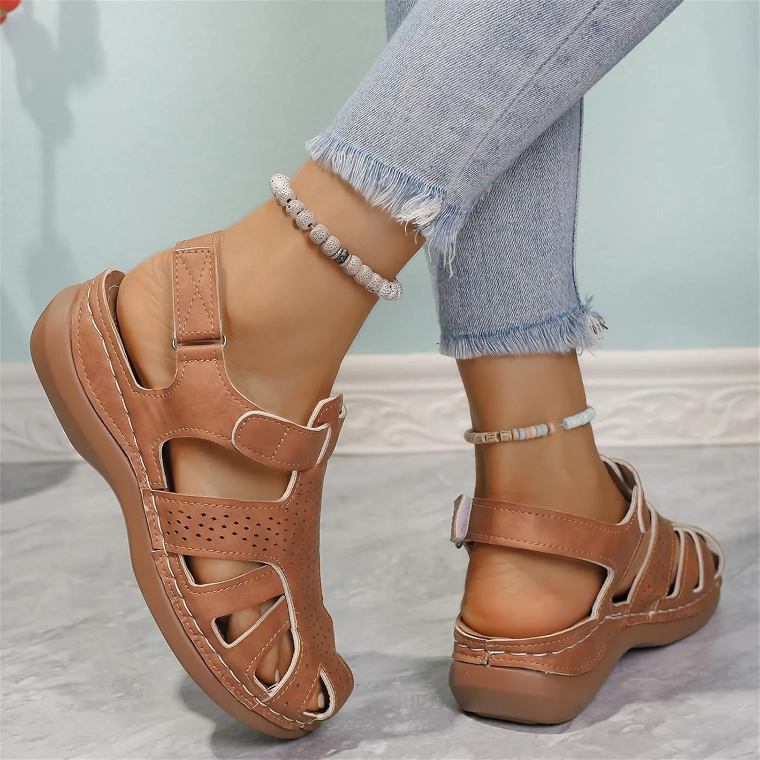 Womens Sandals Wedge Comfortable Ankle Strap Closed Toe Summer Platform Sandals Casual Bohemia Gladiator Outdoor