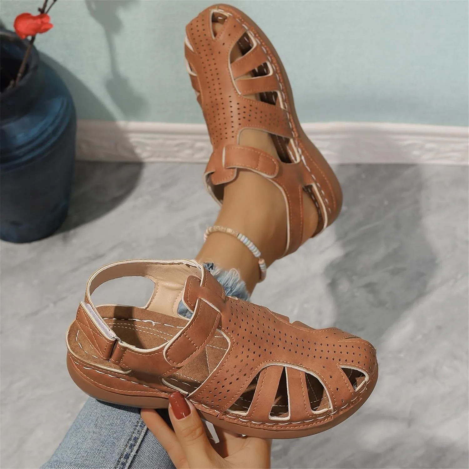Womens Sandals Wedge Comfortable Ankle Strap Closed Toe Summer Platform Sandals Casual Bohemia Gladiator Outdoor