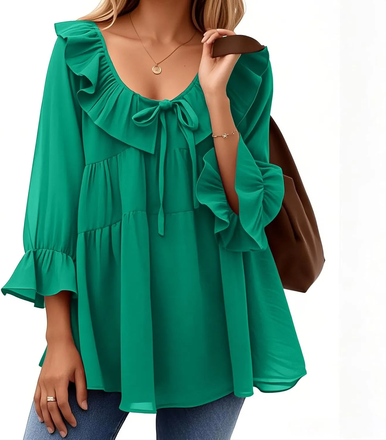 Womens Scoop Neck 3/4 Length Sleeve Tops Casual Tie Front Ruffle Tiered Loose Tunic Shirts Blouses Summer Outfits