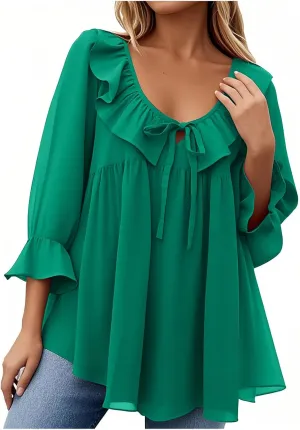 Womens Scoop Neck 3/4 Length Sleeve Tops Casual Tie Front Ruffle Tiered Loose Tunic Shirts Blouses Summer Outfits