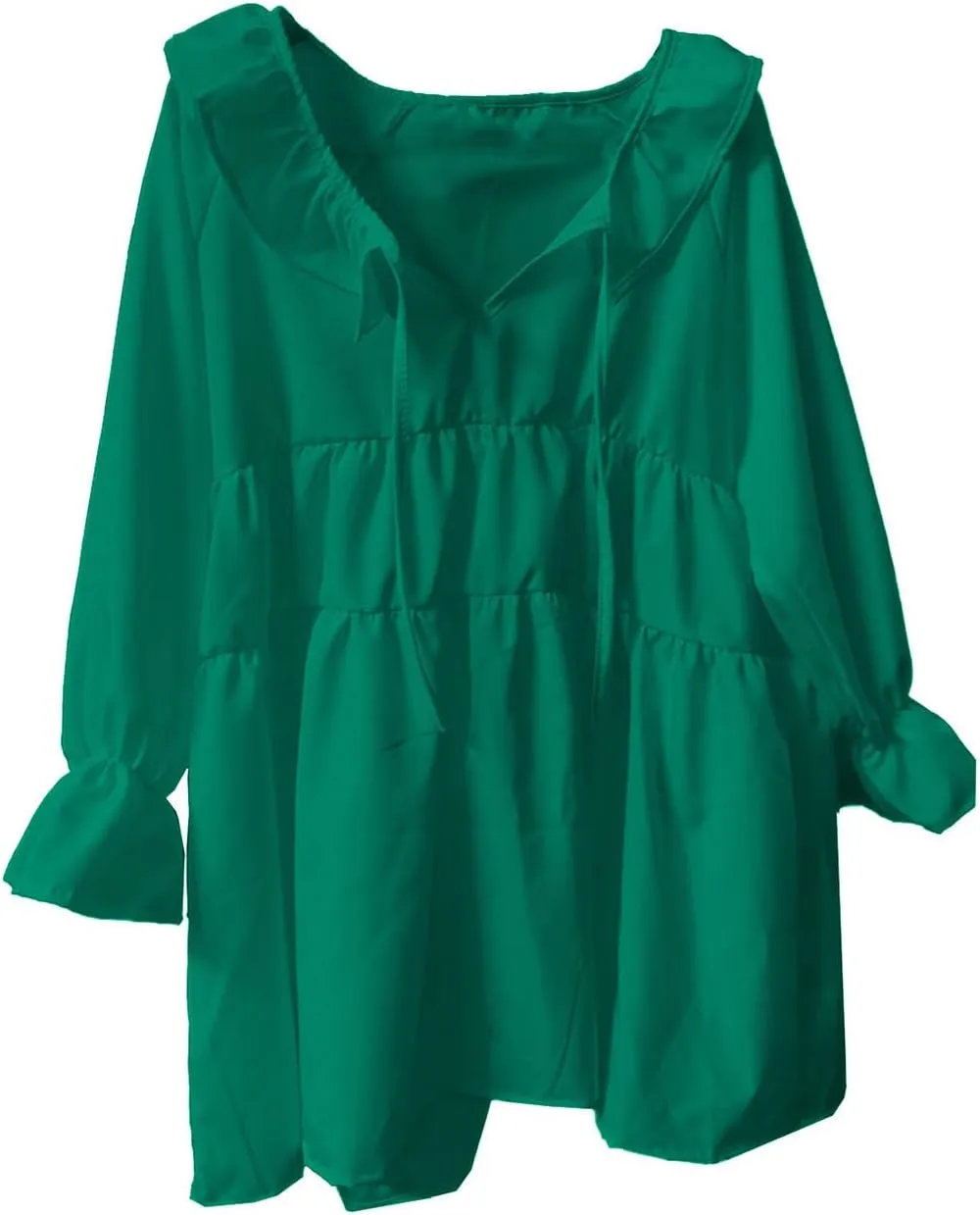 Womens Scoop Neck 3/4 Length Sleeve Tops Casual Tie Front Ruffle Tiered Loose Tunic Shirts Blouses Summer Outfits