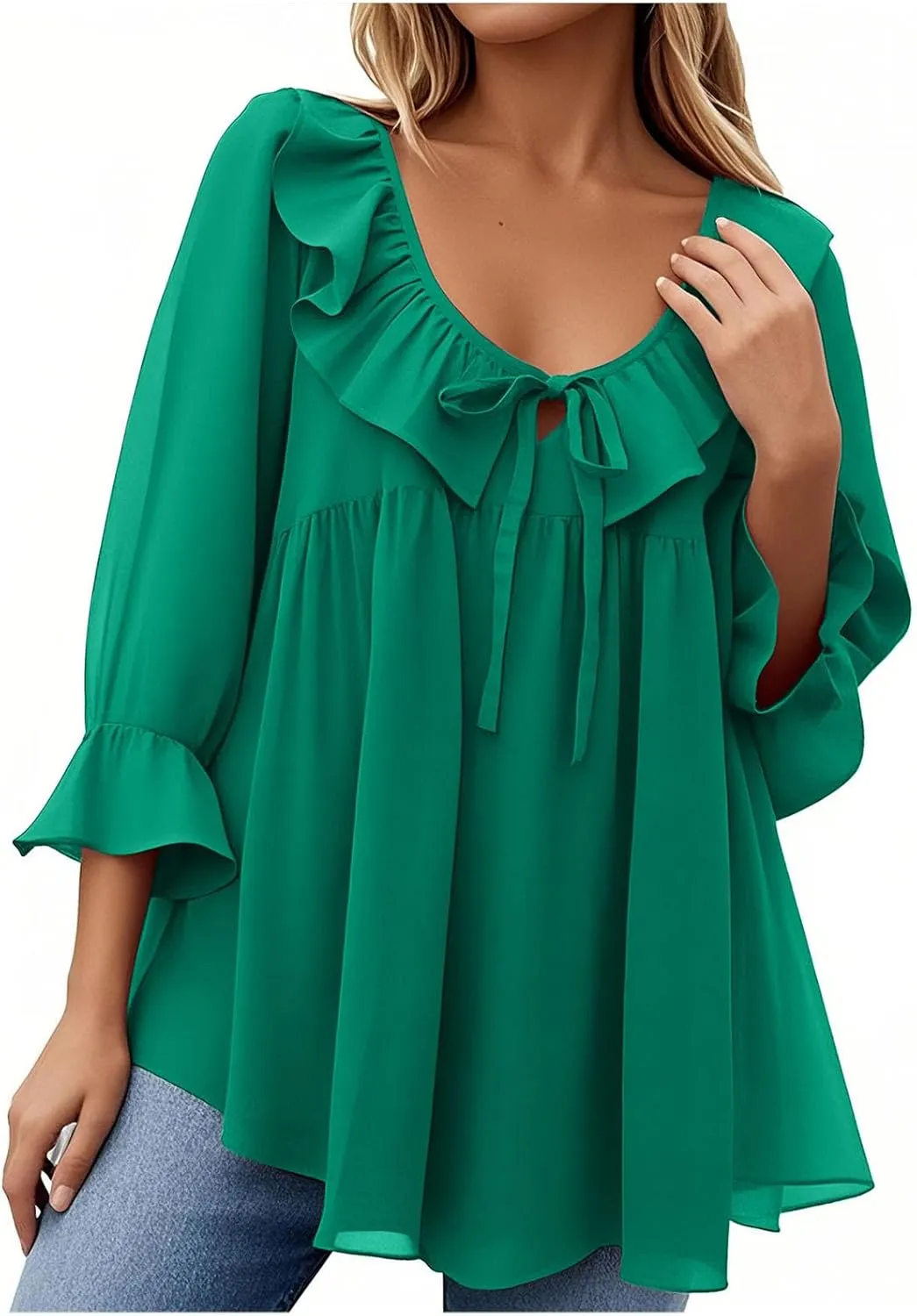 Womens Scoop Neck 3/4 Length Sleeve Tops Casual Tie Front Ruffle Tiered Loose Tunic Shirts Blouses Summer Outfits