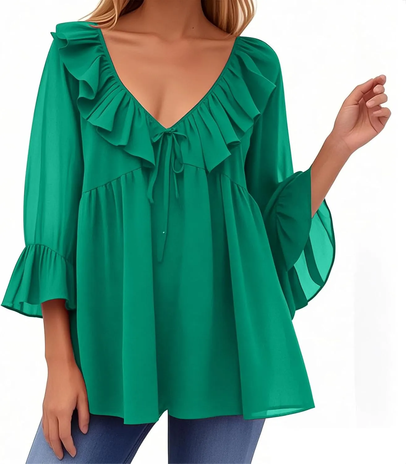 Womens Scoop Neck 3/4 Length Sleeve Tops Casual Tie Front Ruffle Tiered Loose Tunic Shirts Blouses Summer Outfits